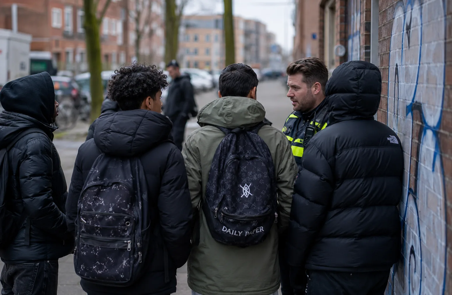 Jongeren spreken met een politieprofessional in een stedelijke omgeving