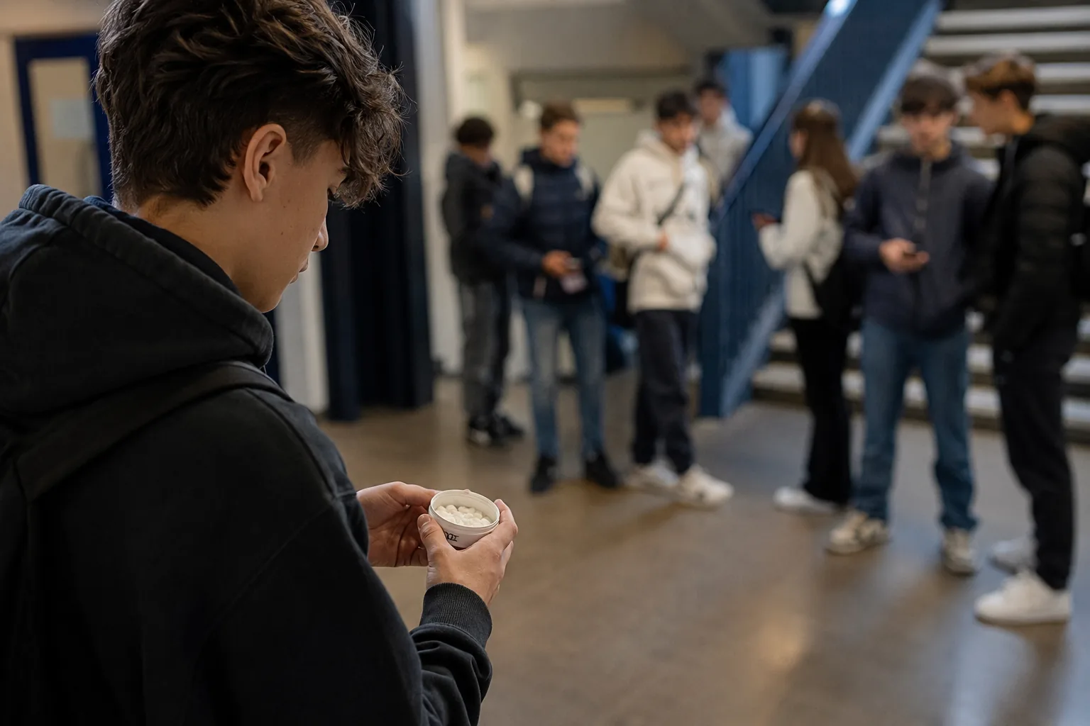 Jongere met nicotinezakjes op school terwijl andere leerlingen op de achtergrond staan