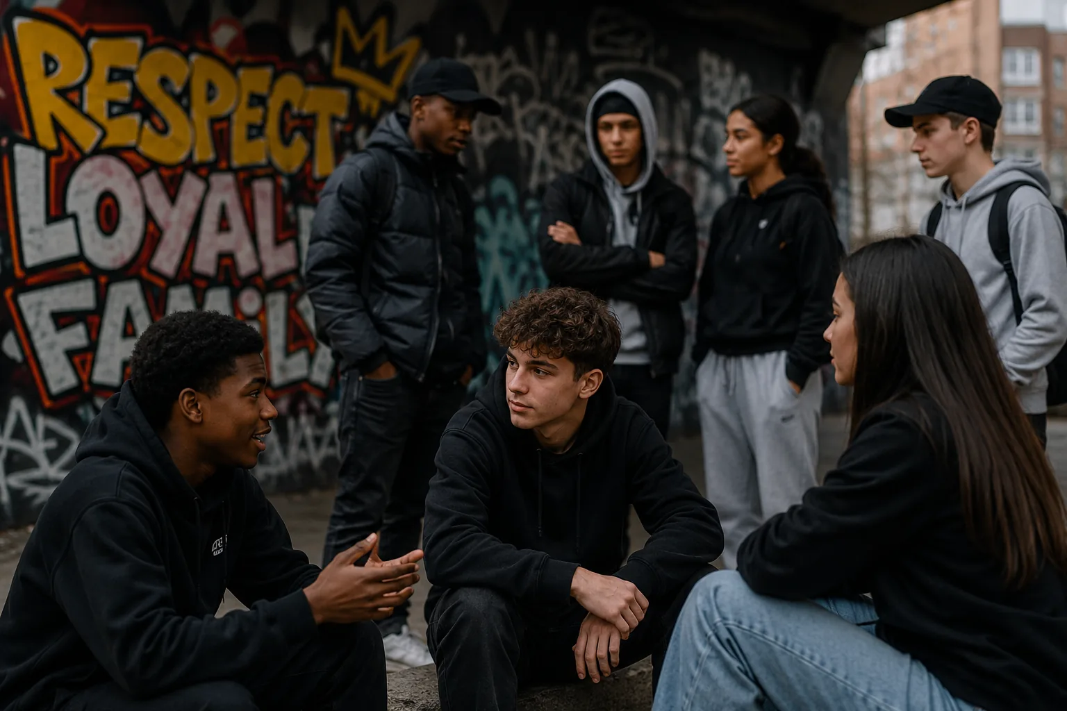 Groep jongeren in gesprek bij een muur met woorden over respect en loyaliteit